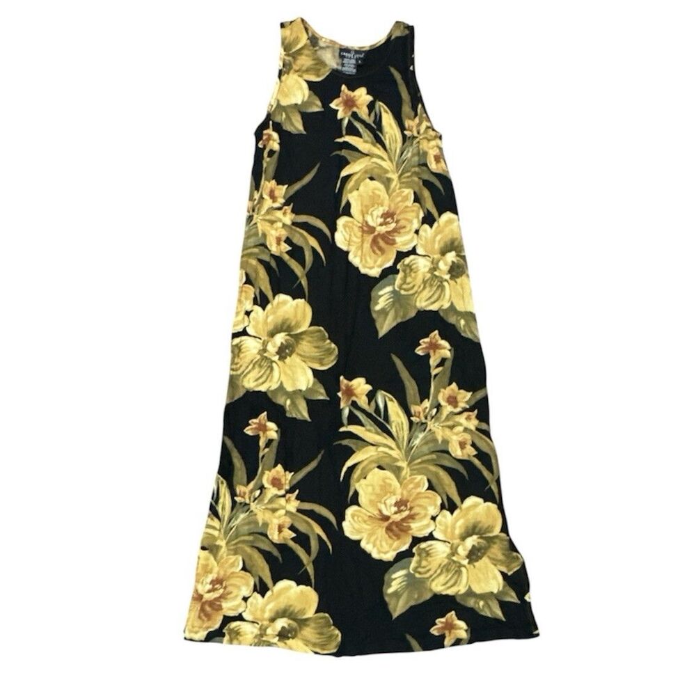 Vintage 90s Carole Little Black Floral Maxi Dress Sleeveless USA L Cottage Boho